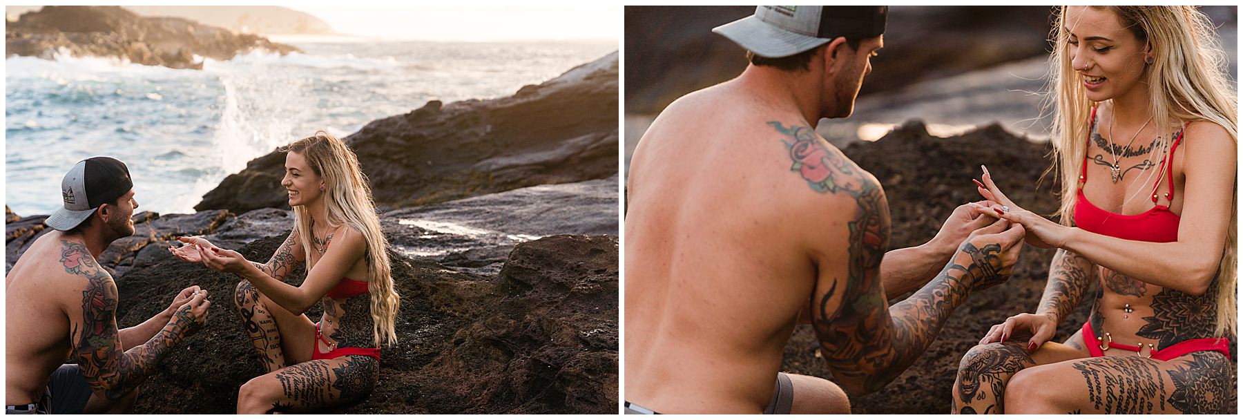 girl saying yes to boyfriend's proposal at eternity beach in hawaii