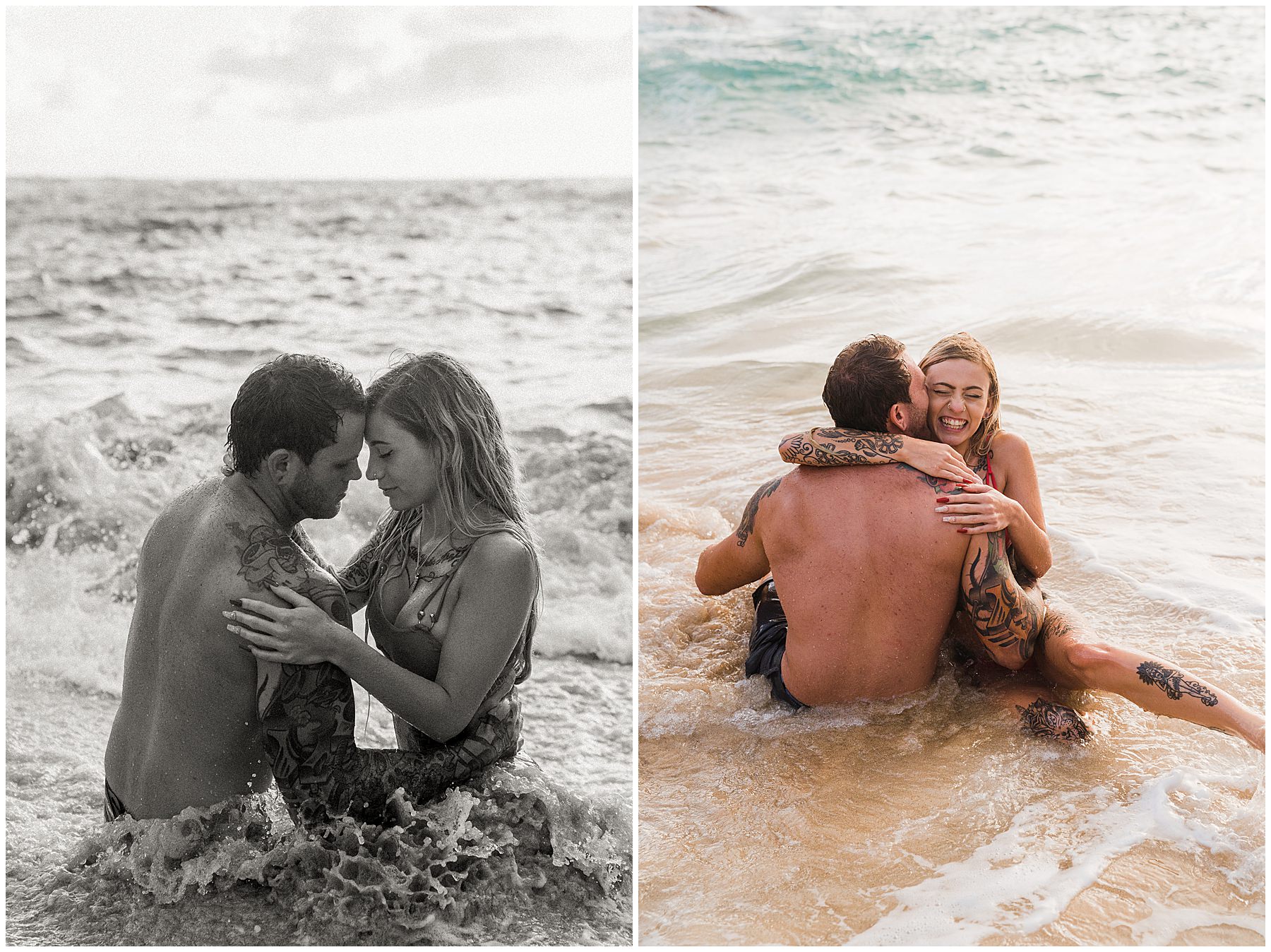 couple playing in water for engagement session in Hawaii