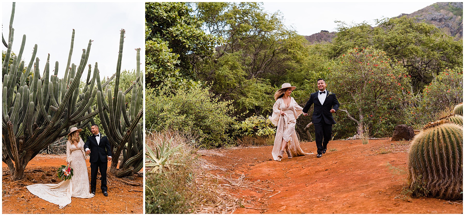 couple running hawaii adventure elopement at koko crater botanical garden