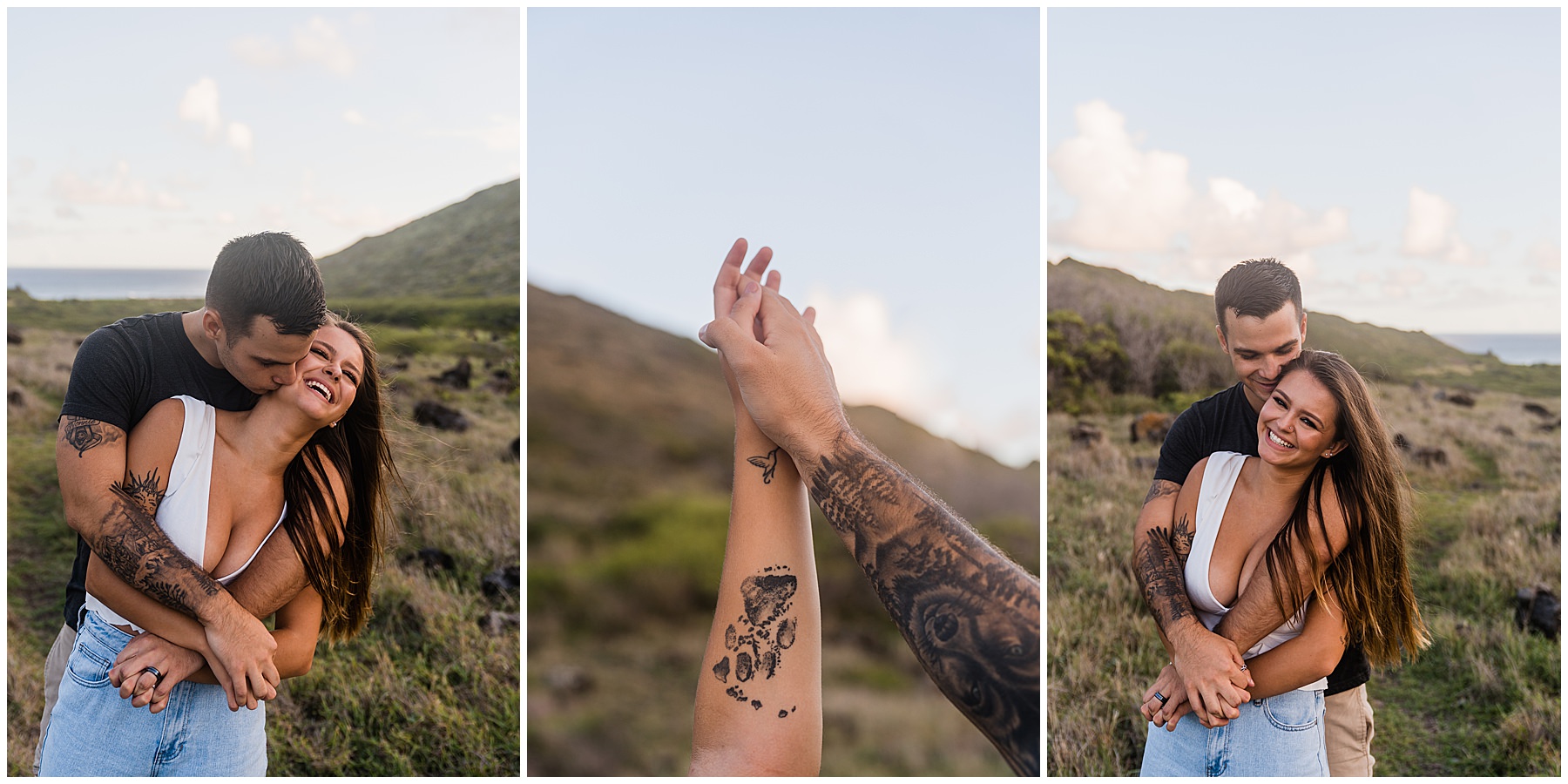 couple having fun during anniversary photo session at Makapuu Lookout