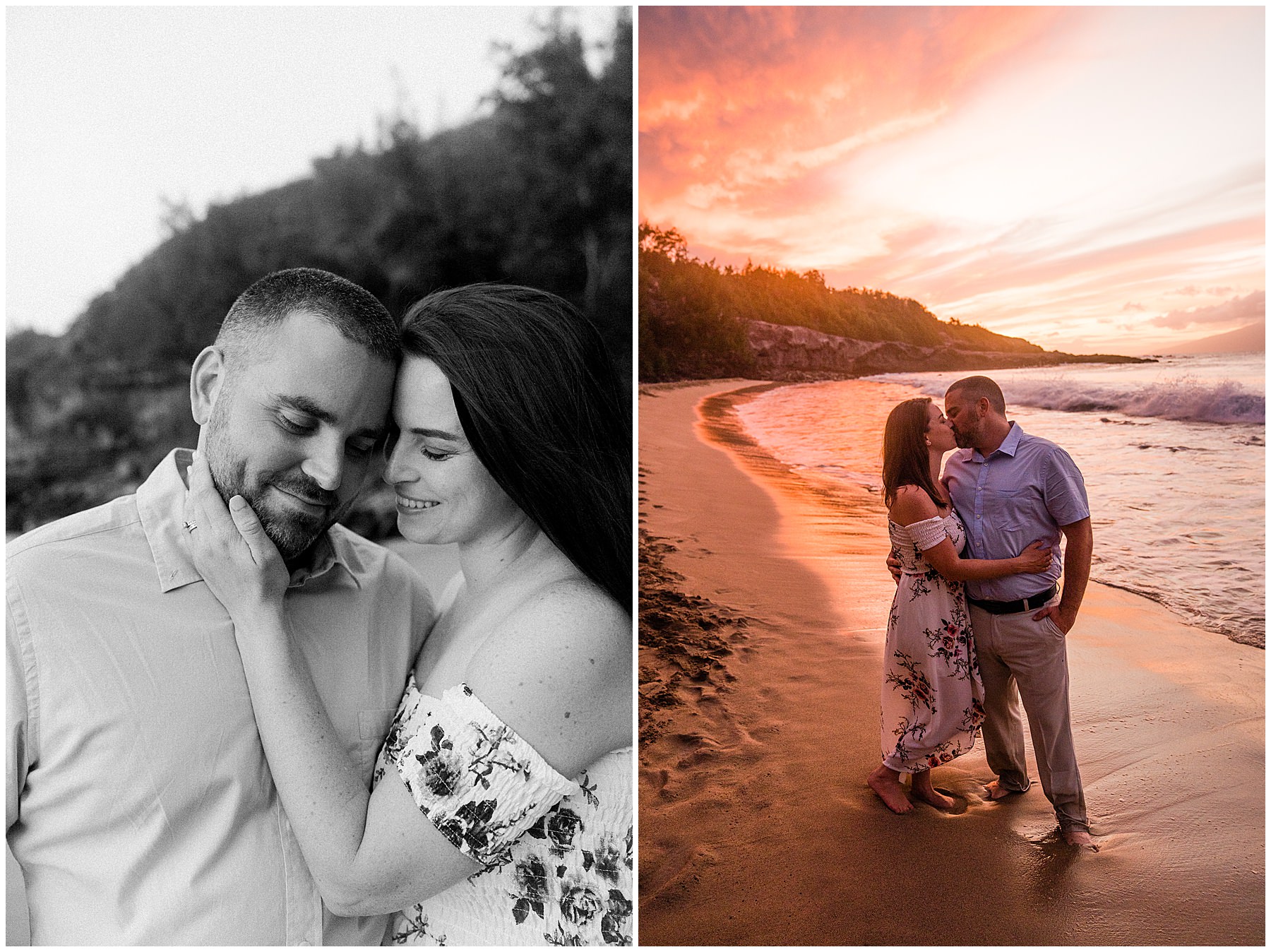 couple taking photos at sunset in maui