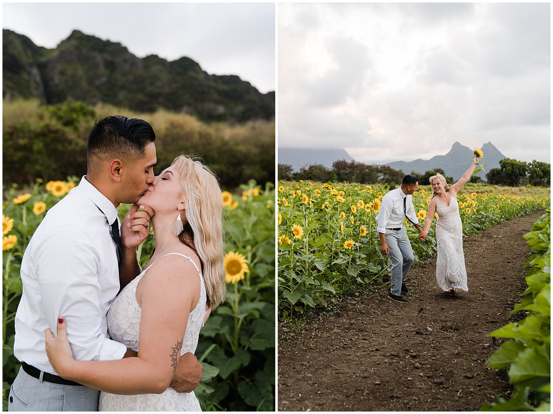 Couple having fun in sunflower field in Hawaii