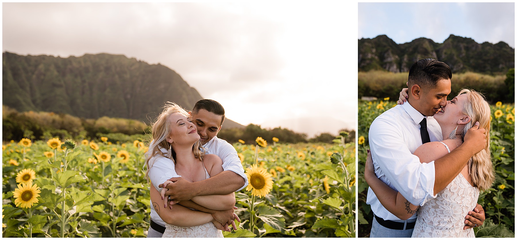 couple taking photos in sunflower field