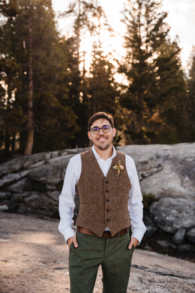 portrait of groom in sequoia national park in california