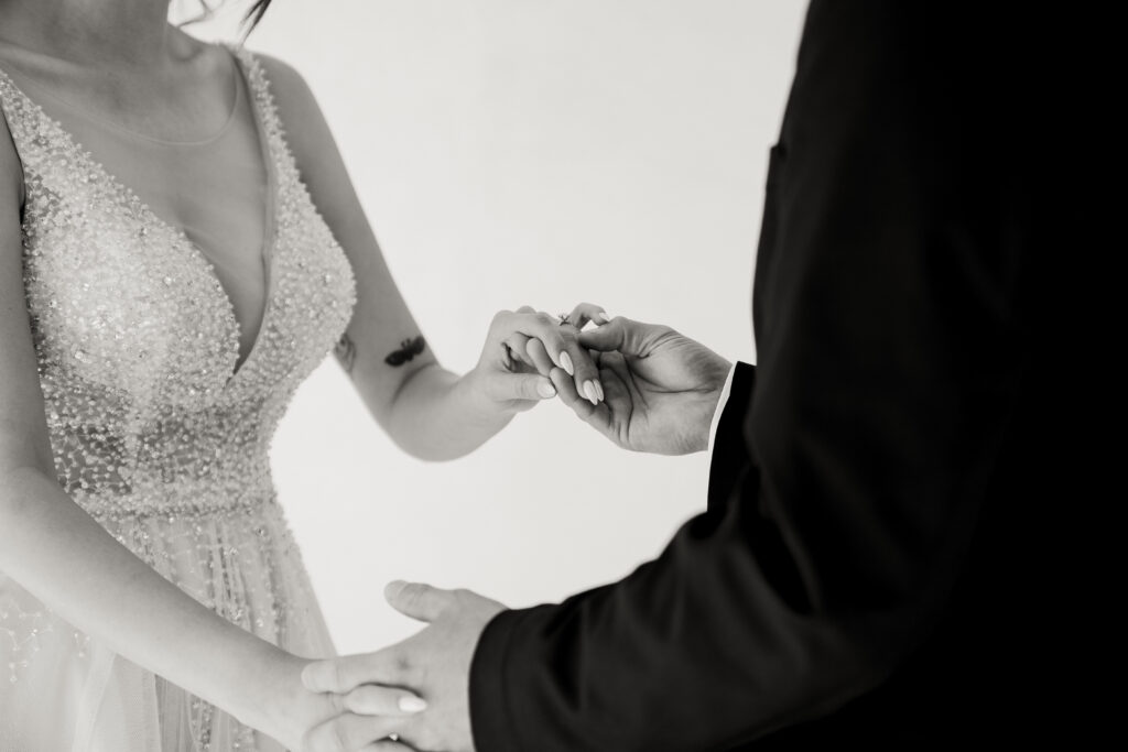 black and white portrait of bride and groom during first look