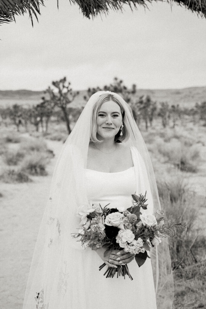 black and white portrait of joshua tree chic desert bride