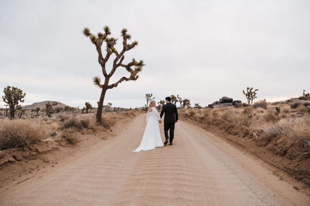 chic desert elopement bride and groom walking down desert road